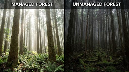 Managed versus unmanaged forest, side by side — the difference active thinning makes to a stand (concept rendering)