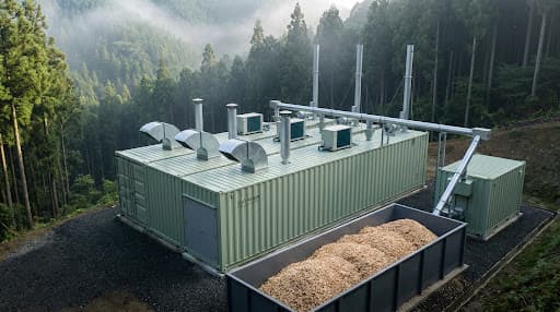 Aerial view of the reference site: three joined containerized units, dryer, and walled chip bay (concept rendering based on the manufacturer layout)